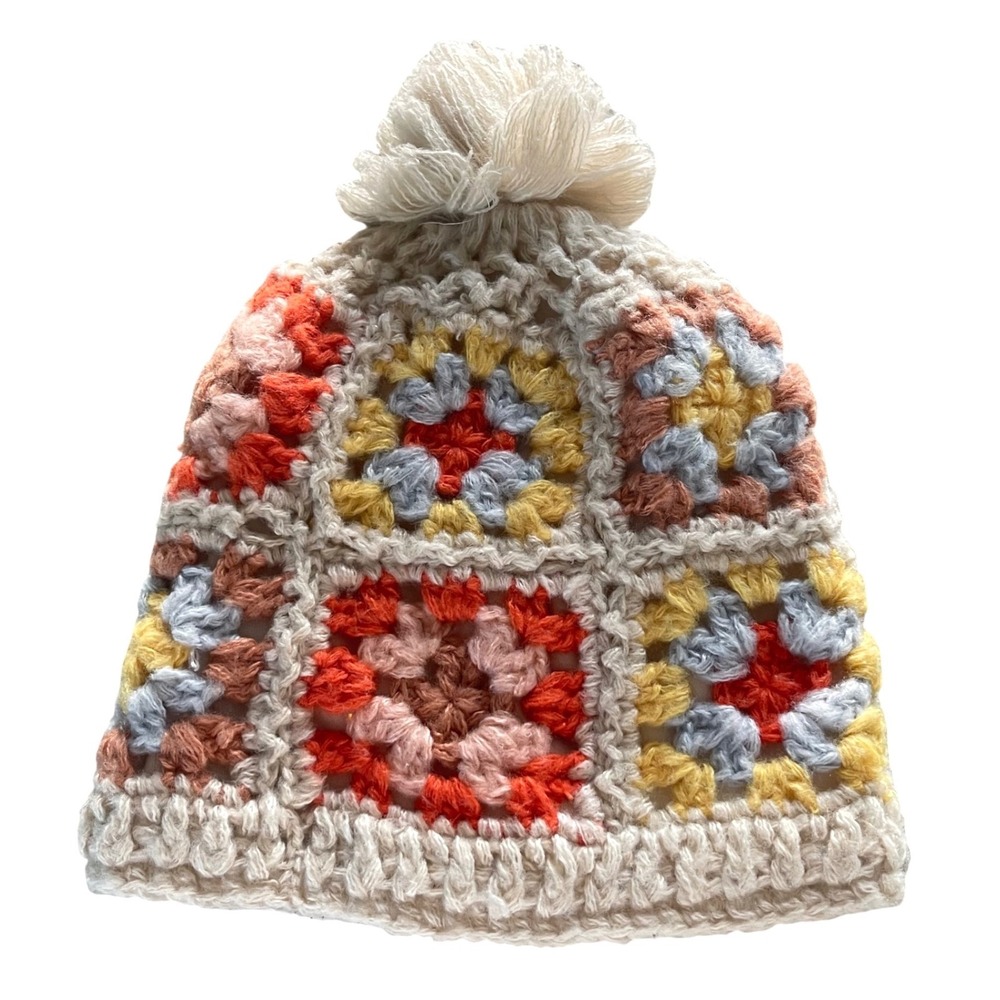 Wild Fable Granny Square Beanie Womens One Size Cream Multi Boho Crochet Pom-Pom